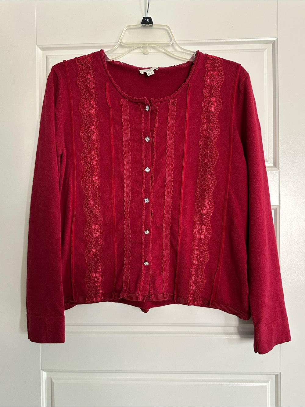 J. Jill Ruby Red Ruffle-Trim Cardigan with Sparkle Buttons